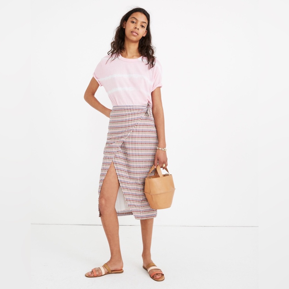 Madewell Pink and Tan Plaid Midi Skirt